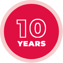 circular red badge with the phrase "10 years" in it