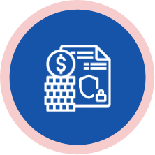 circular blue badge with an icon of a piece of paper and some bricks in it