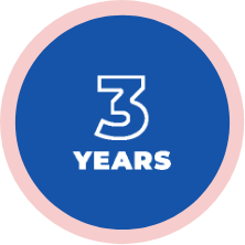 circular blue badge with the phrase "3 years" in it
