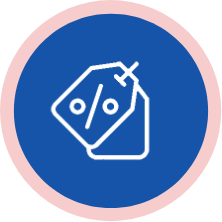 circular blue badge with price tag icon in it