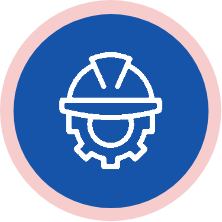 circular blue badge with an icon of a cog and a hard hat in it