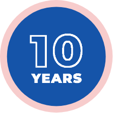 circular blue badge with the phrase "10 years" in it