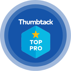 circular blue badge with a blue hexagon, a star, and the text "Thumbtack Top Pro" in it